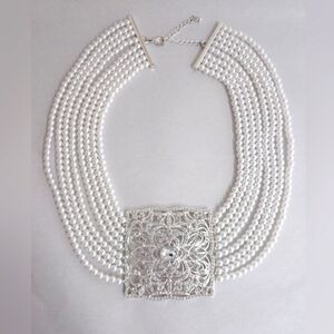 Vintage Unsigned Multi-Strand Faux Pearl & Rhinestone Clasp Necklace